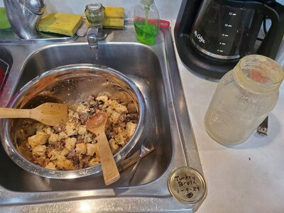 Thanksgiving stuffing in pictures, 2024, bread cubes and turkey broth.jpg